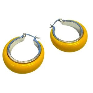 Vintage 80’s Silvertone & Yellow Resin Hoop Earrings